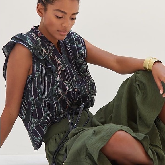 Anthropologie Pilcro Ruffled Button Front Sleeveless Blouse Black Print Top M - Picture 12 of 12